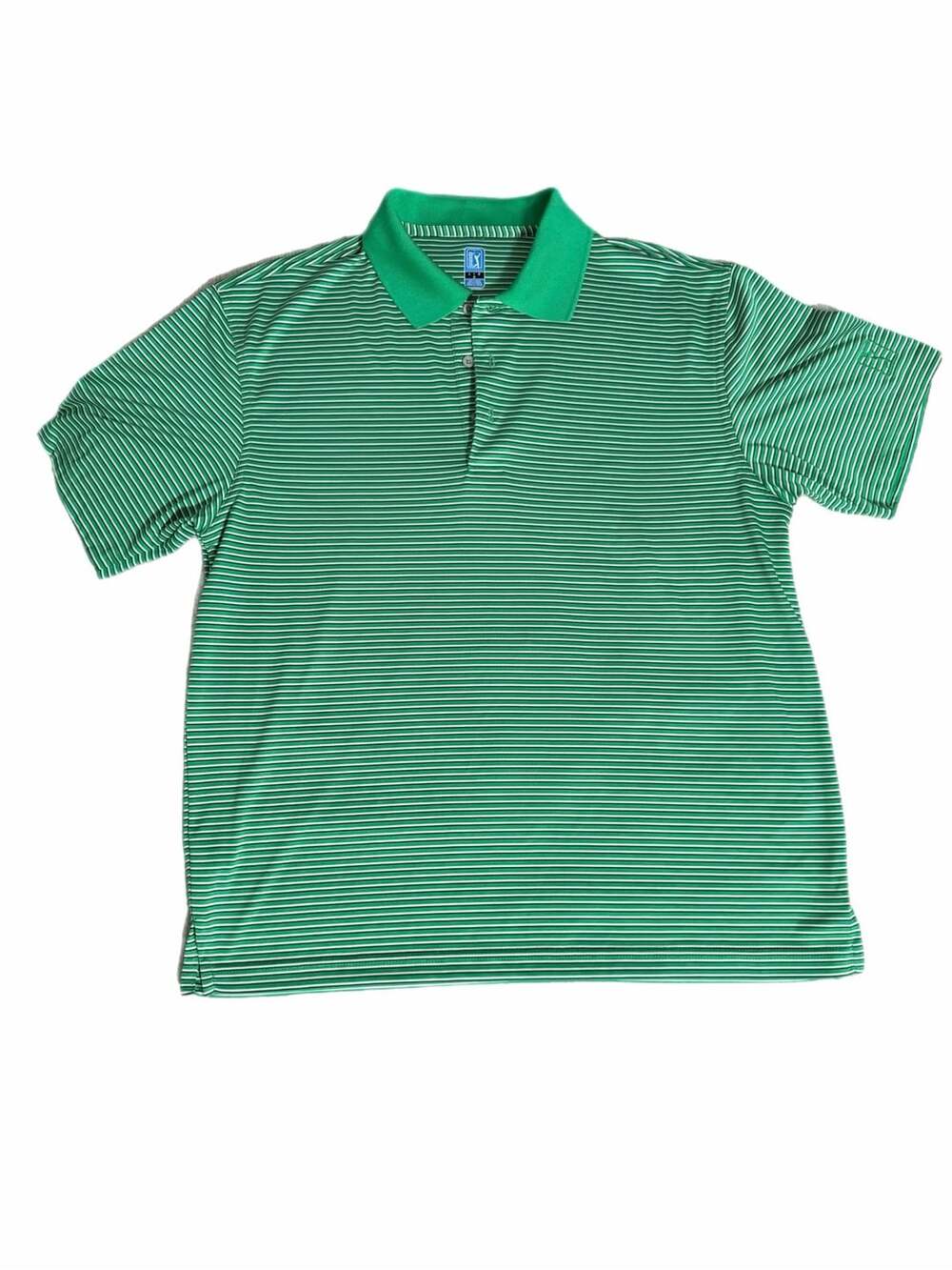 PGA Tour Polo Shirt Size L Green White Striped Golf Top